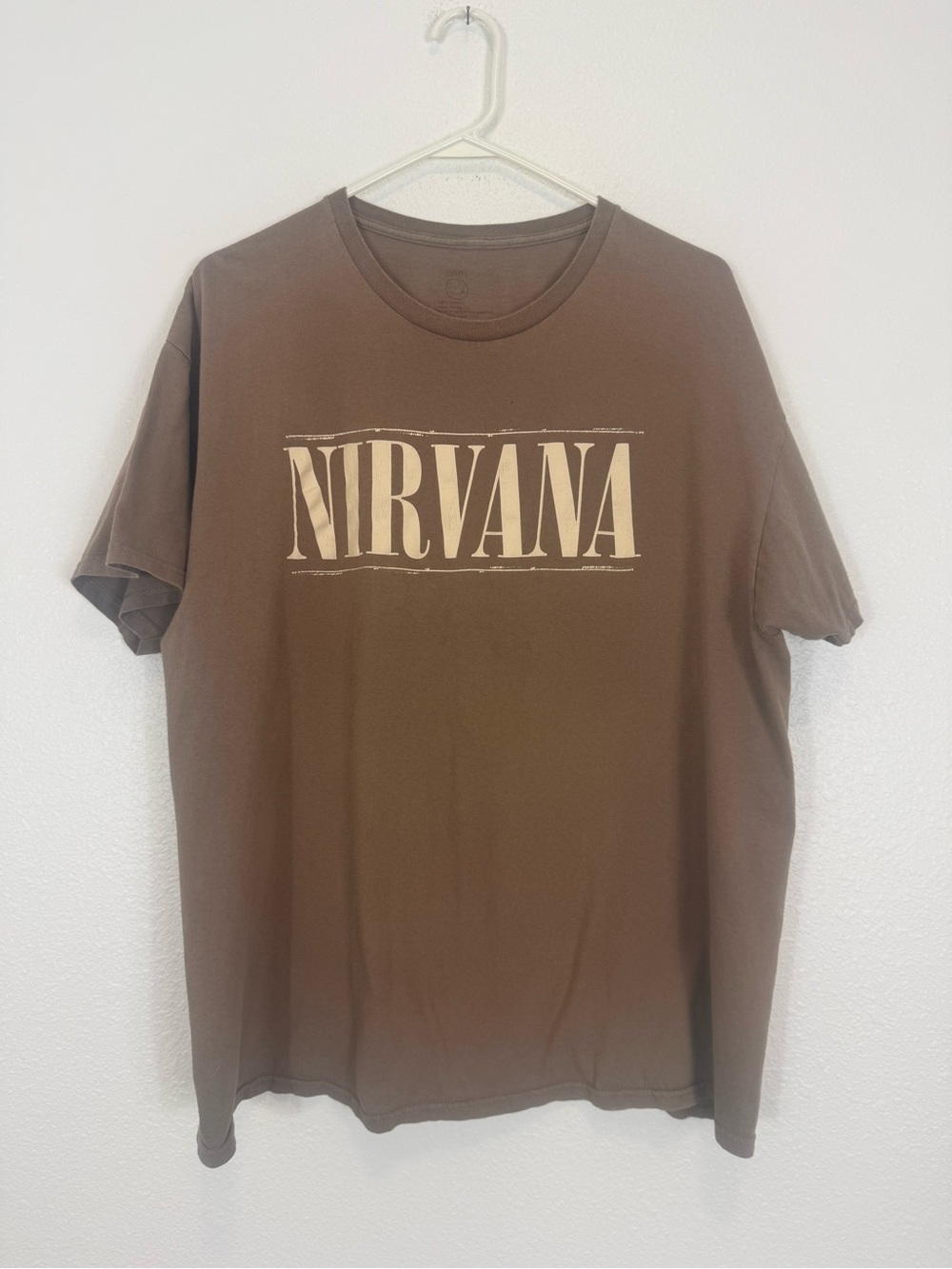 NIRVANA Brown Short Sleeve Tee with Cream Logo Double Sided Smiley Face